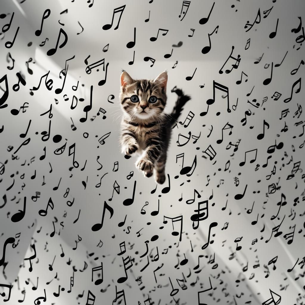 Vivid 3D Kitten with Flying Music Notes