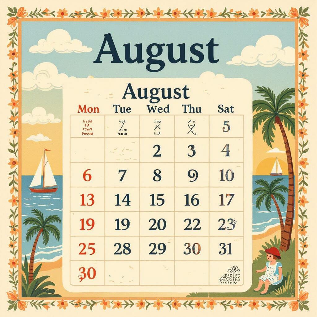 August Calendar with Sailboats and Palm Trees in Folk Art St...