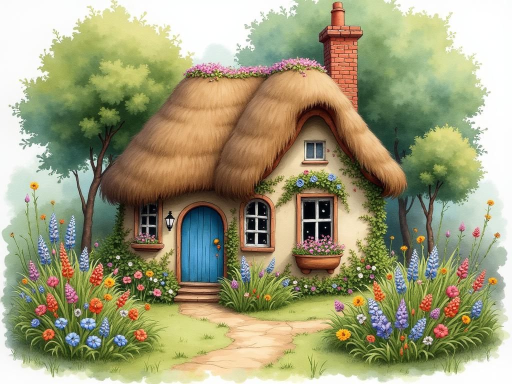 Whimsical Cottage Corner in Watercolor Style