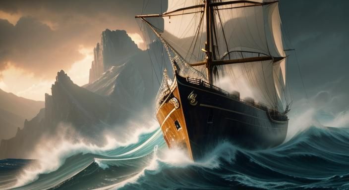 Epic Hero Sailing Stormy Seas: Cinematic Film Still