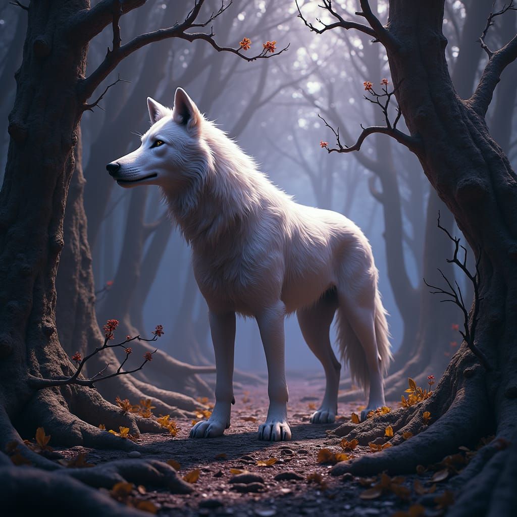 Majestic White Wolf in Dark Fantasy Wood