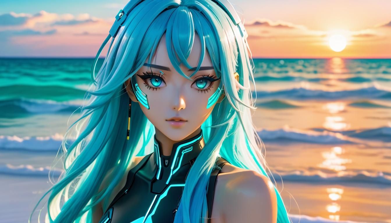 Anime Cyberpunk Girl on Futuristic Beach at Sunset