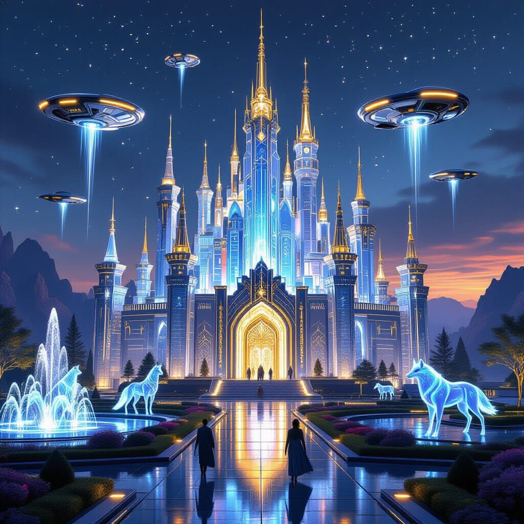 Futuristic Crystal Castle with Neon Lights & Hover Cars