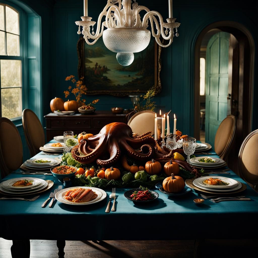Underwater Thanksgiving Dinner in Wes Anderson Style