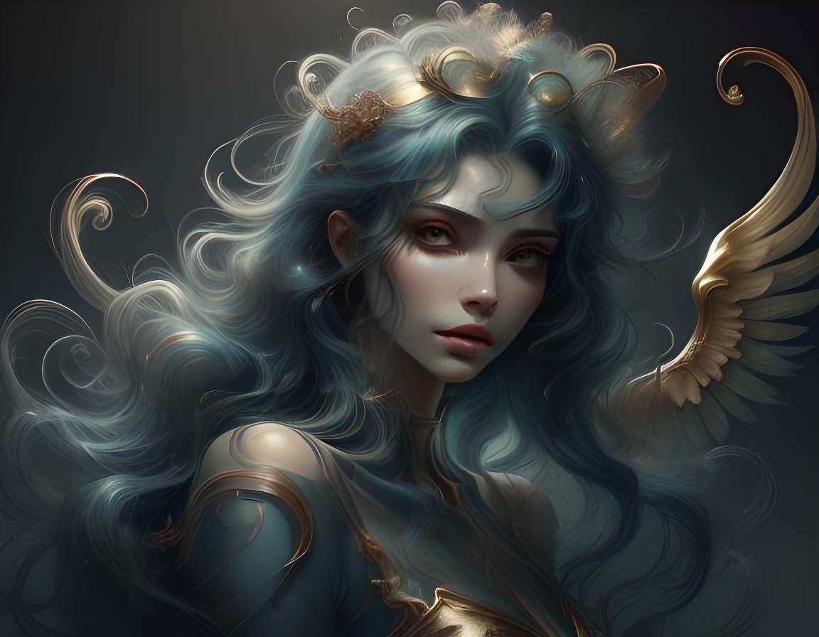 Dark Blue Angel with Gold Halo in Neon Realism