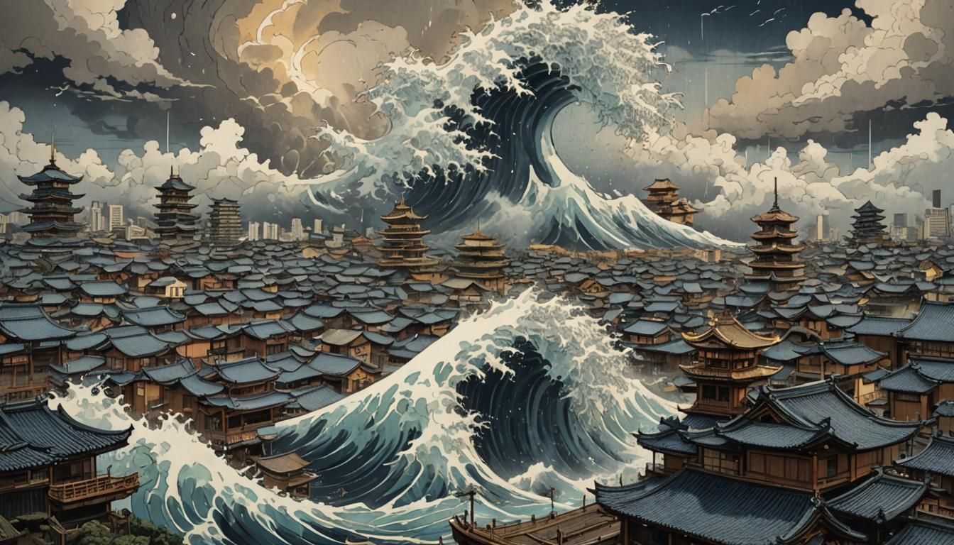 Osaka Typhoon in Ukiyo-e Woodblock Print Style