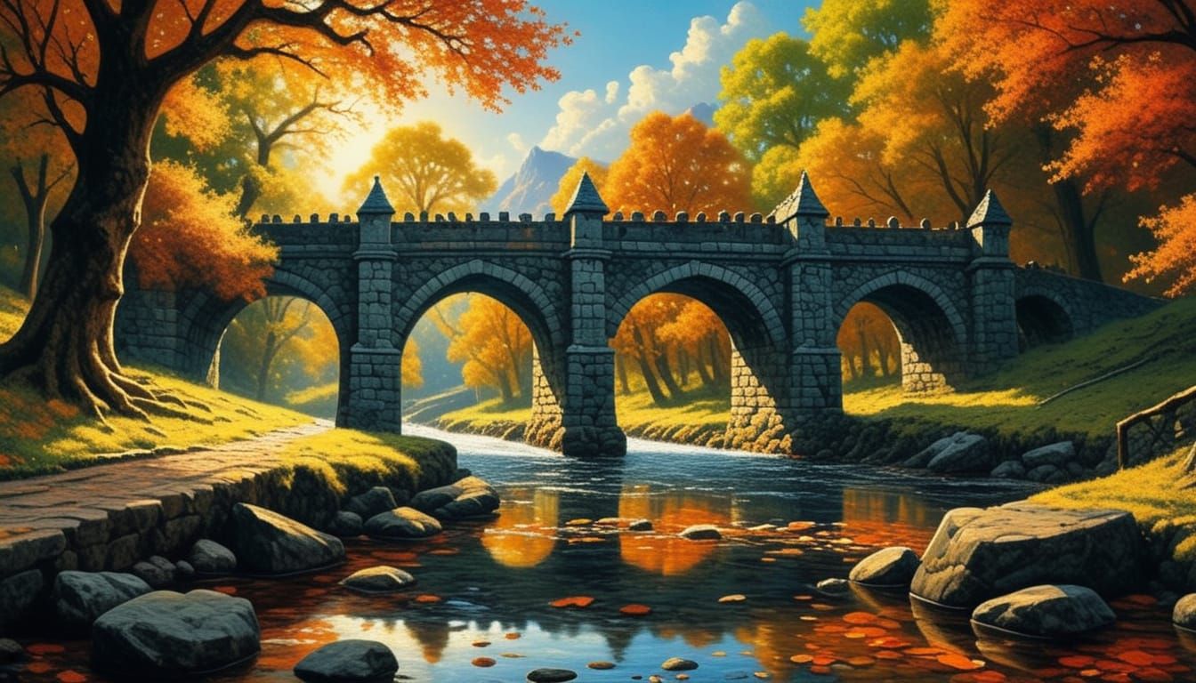 Stone Bridge in Forest, Bierstadt Style Oil Painting