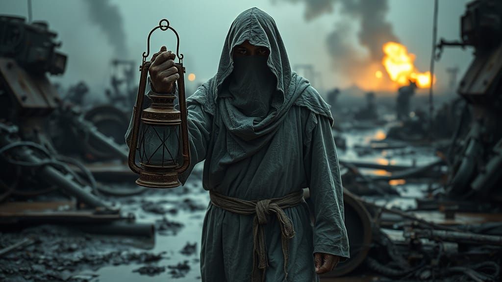 Wasteland Wanderer with Lantern in Dark Fantasy Style