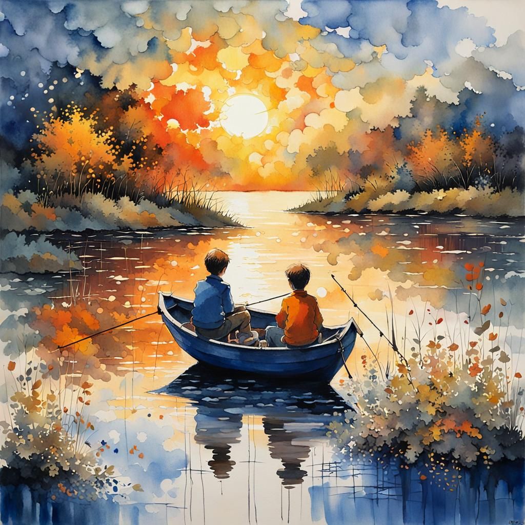 Sunset Lake Fishing Boat in Art Brut Style