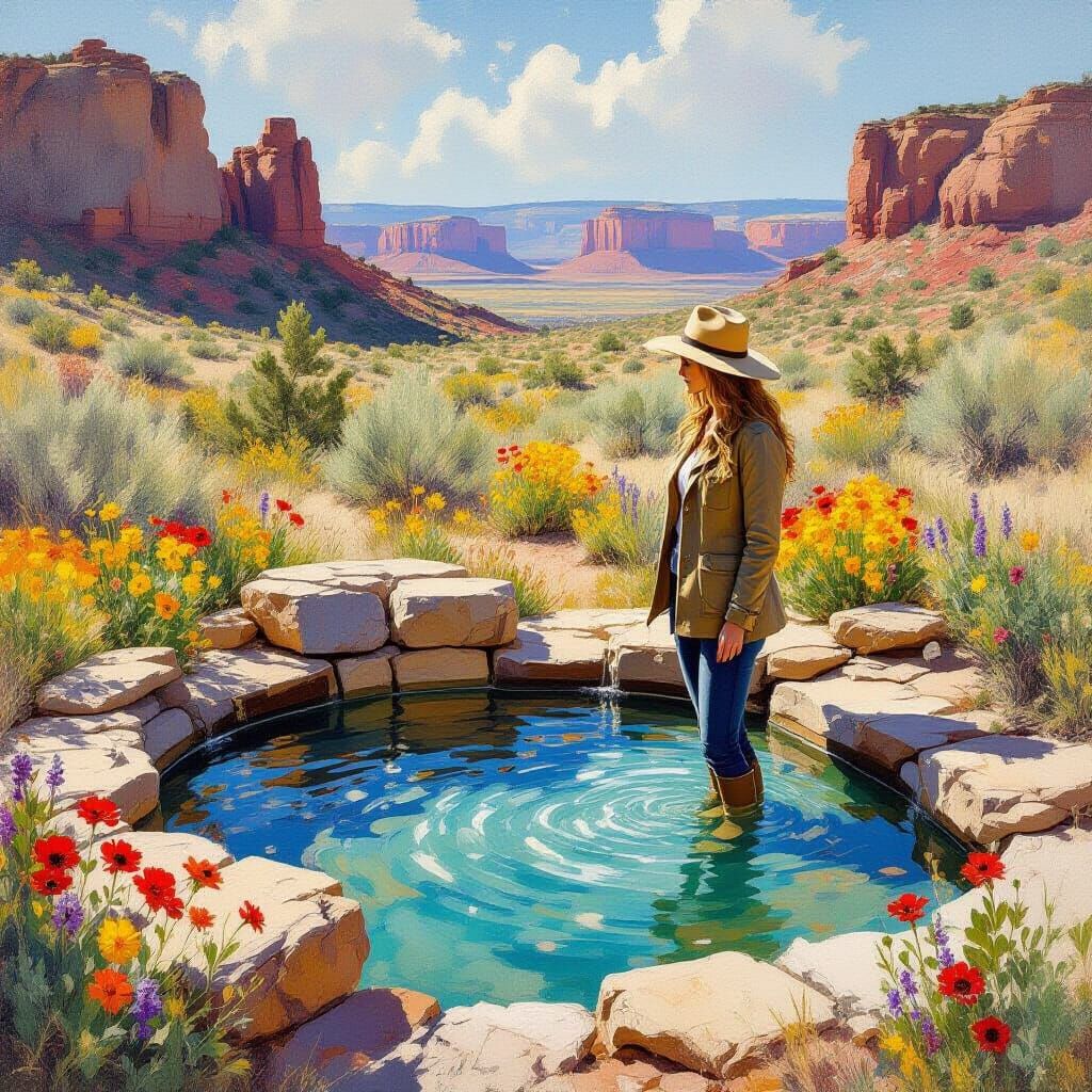 Utah Hot Spring with Wildflowers as Oil Painting