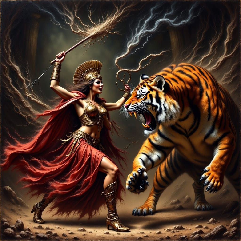 Gladiator Fights Tiger in Detailed Oil Painting