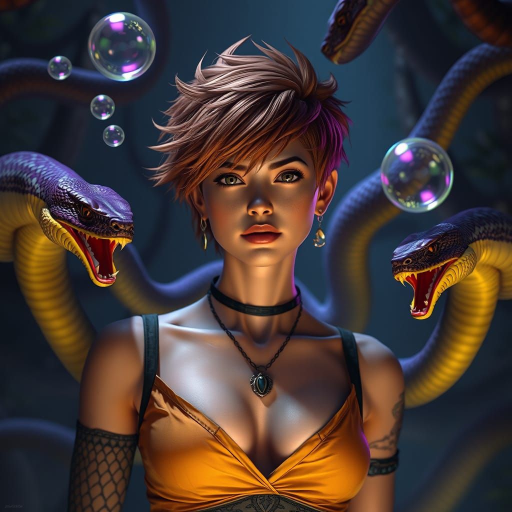 Fantasy Ginger Woman with Snakes and Bubbles