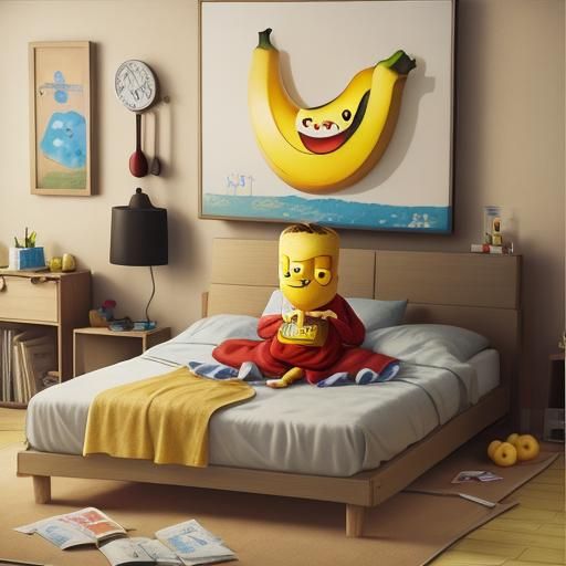 Sad Cartoon Banana Oil Painting in Bed