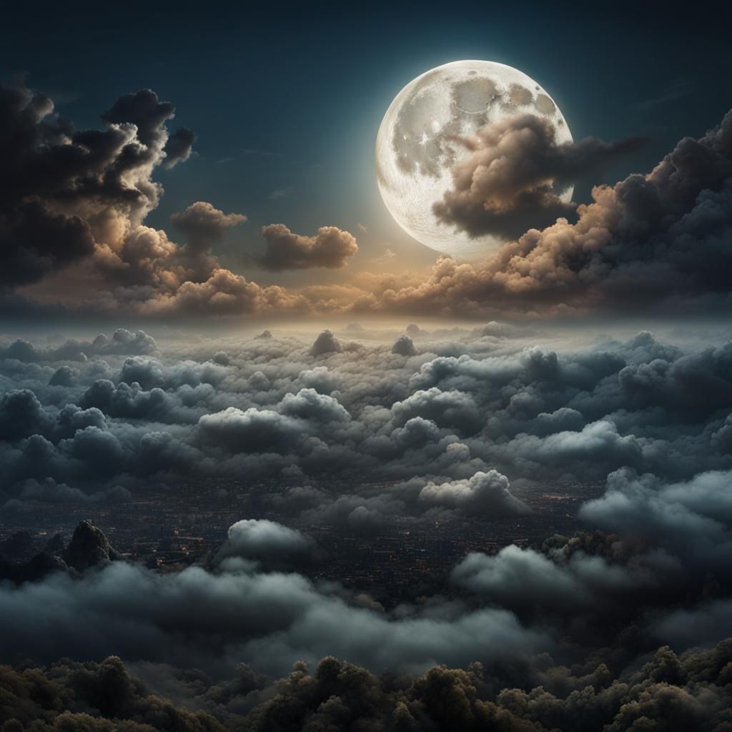 Mysterious Moon in Dramatic Digital Sky