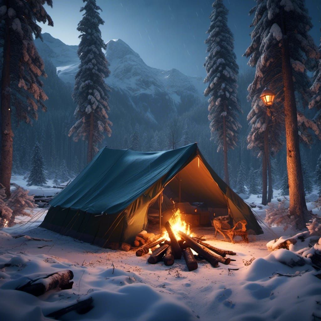 Night Camp in Snowy Canadian Forest, 3D Render