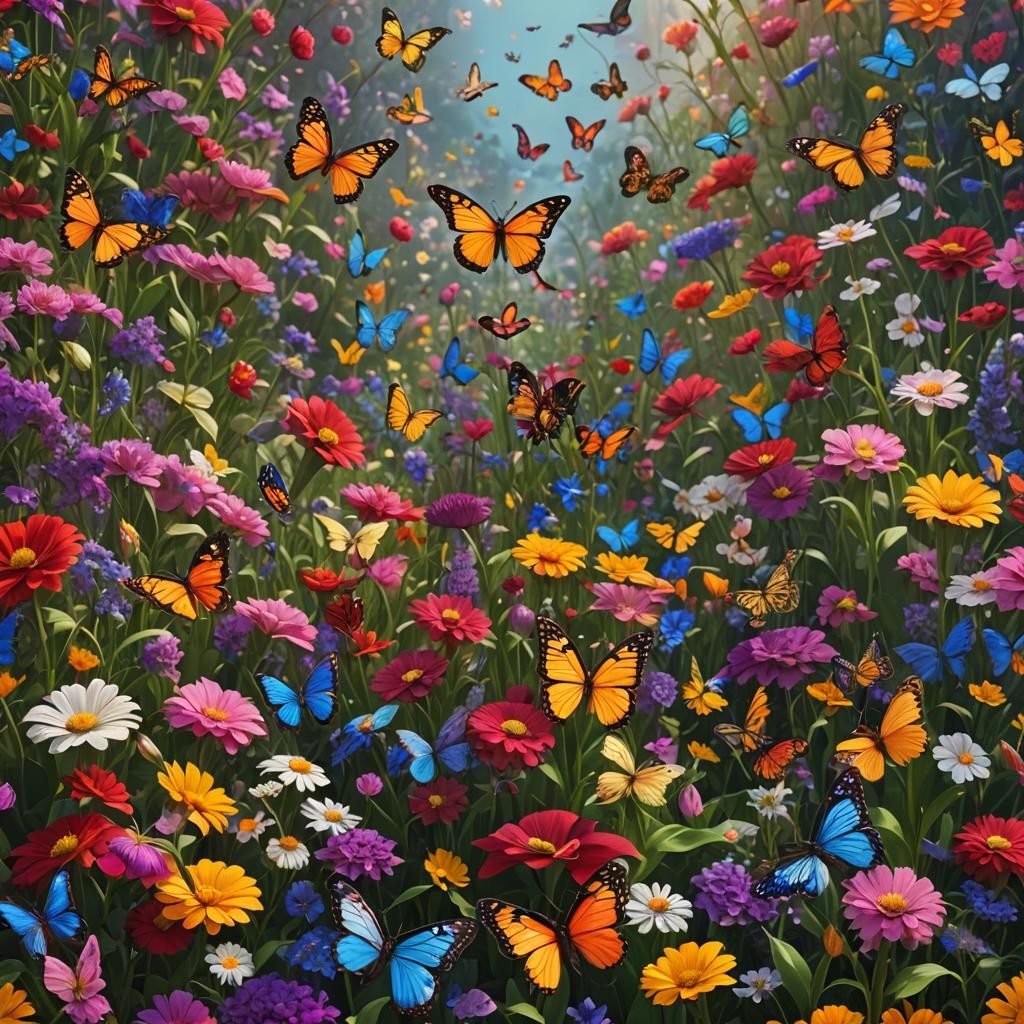 Vibrant Flower Garden with Butterflies in Matte Painting Sty...