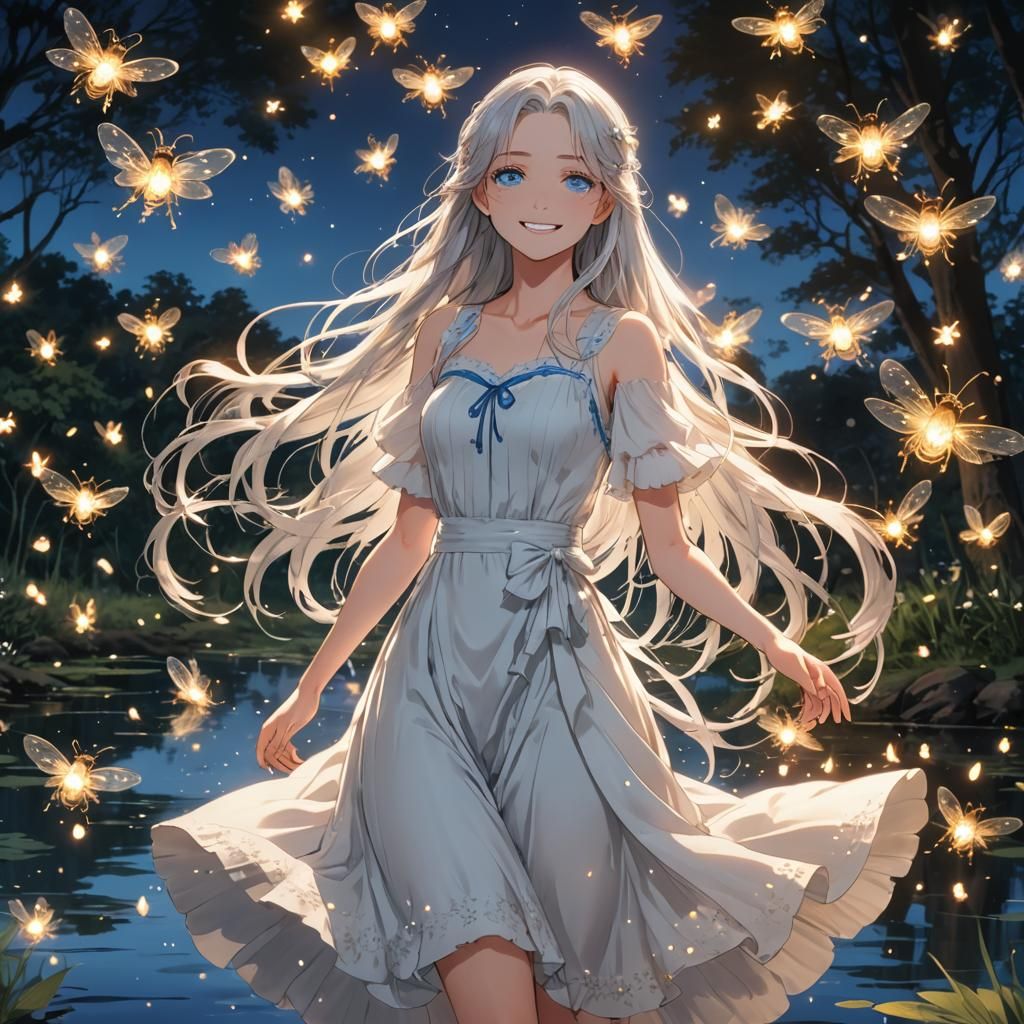 Anime Girl on Firefly Lake, Digital Art