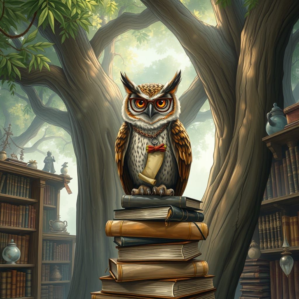 Enchanted Library in Sequoia Tree with Wise Owl