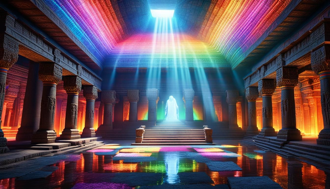Ancient Temple Interior with Rainbow Jewel Light