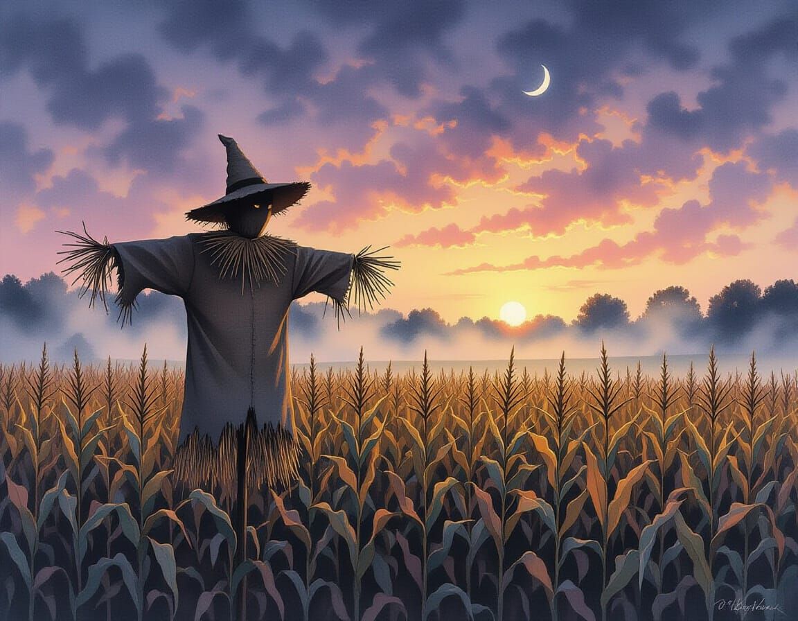 Scarecrow in Misty Cornfield at Twilight