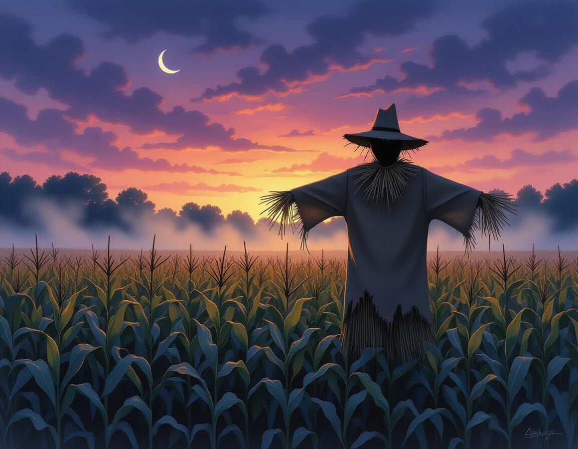 Scarecrow in Misty Cornfield at Twilight