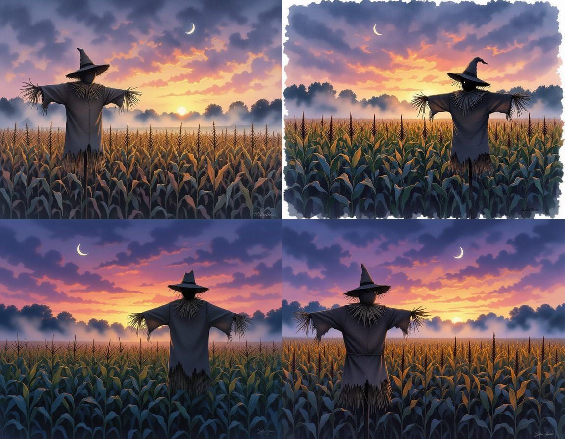 Lone Scarecrow in Misty Twilight Cornfield