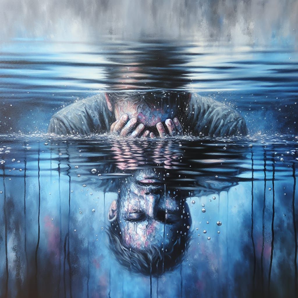 Figure Drowning in Reflection: Melancholy Acrylic and Oil Pa...
