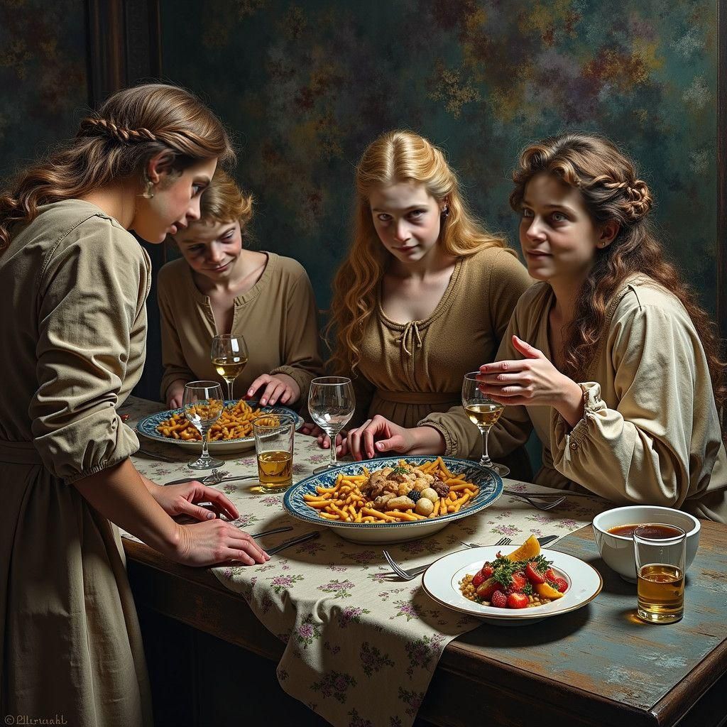 Hyperrealistic Waiter in Dreamy Restaurant, Detailed Paintin...