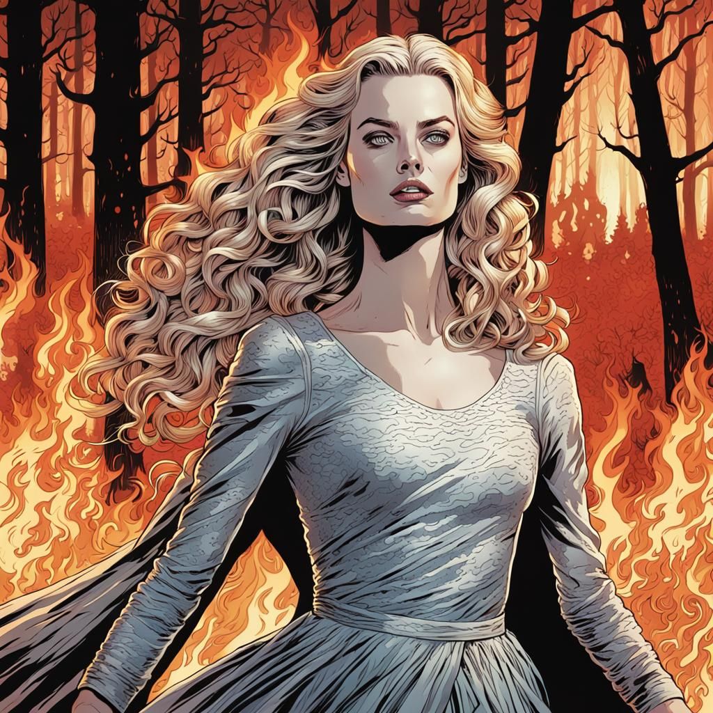 Margot Robbie with Fiery Hair in Burning Forest