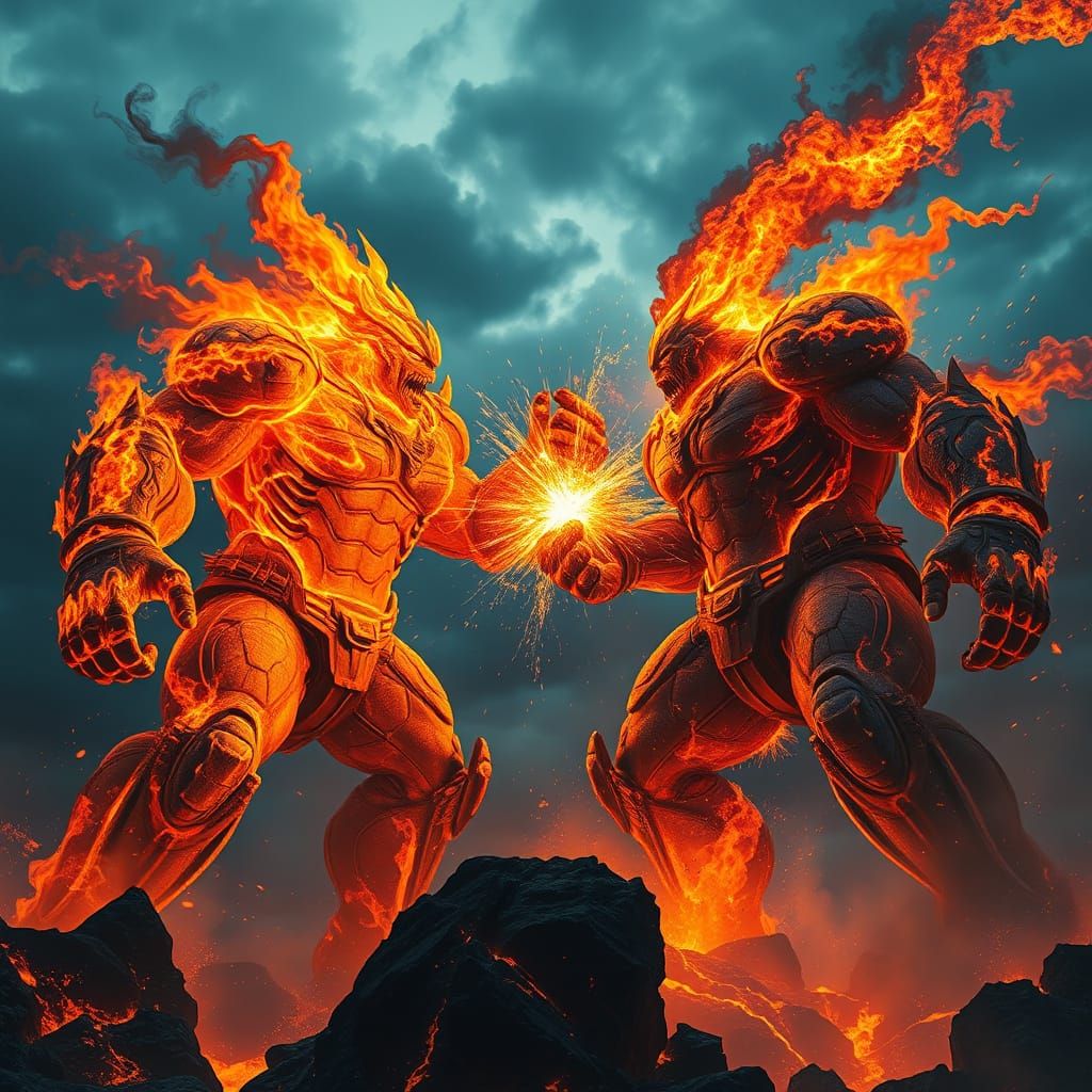 Epic Titans Clash in Fiery Twilight Battle
