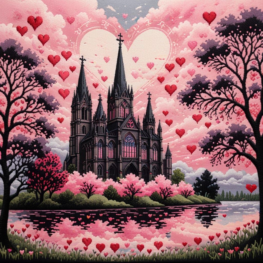 Embroidered Gothic Cathedral with Pastel Pink Sky
