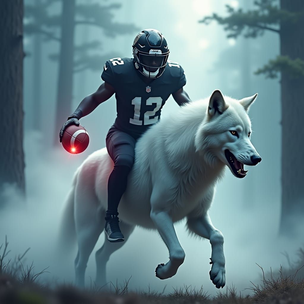Football Player Rides Wolf in Futuristic Art Style
