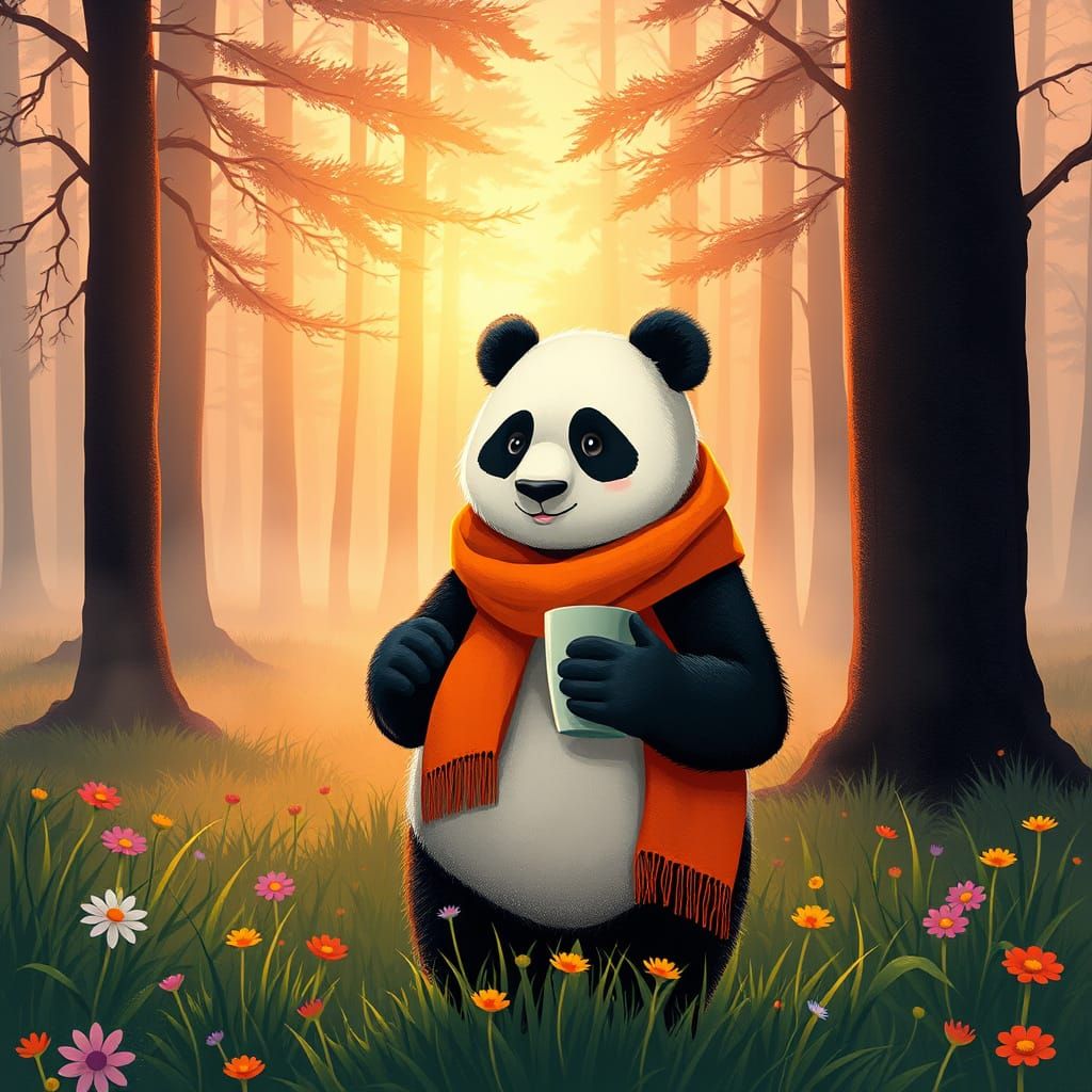 Mr. Panda Enjoys Coffee in Misty Sunrise Forest Meadow