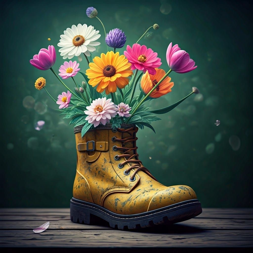 Blooming Garden Inside a Rubber Boot: Surreal Dreamscape