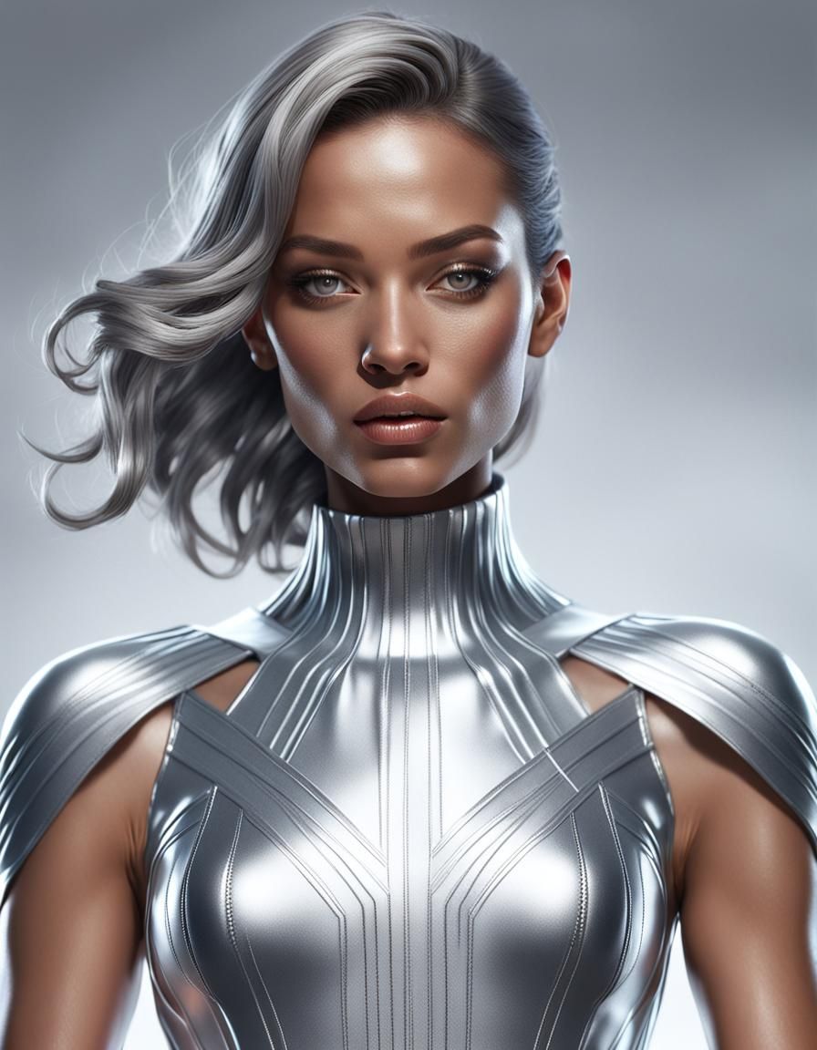 Fashion Model in Silver Dress: Hyperdetailed Portrait