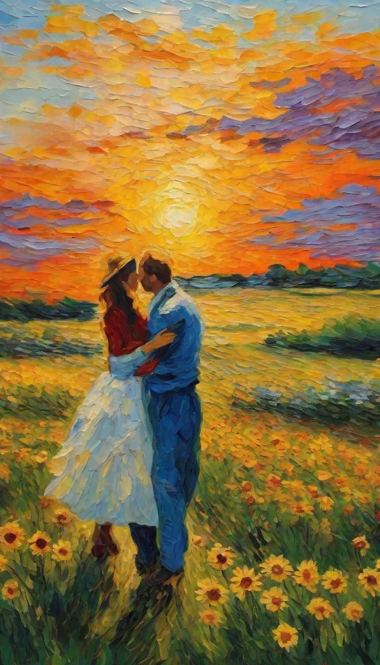 Romantic Sunset Kiss in Impressionist Style