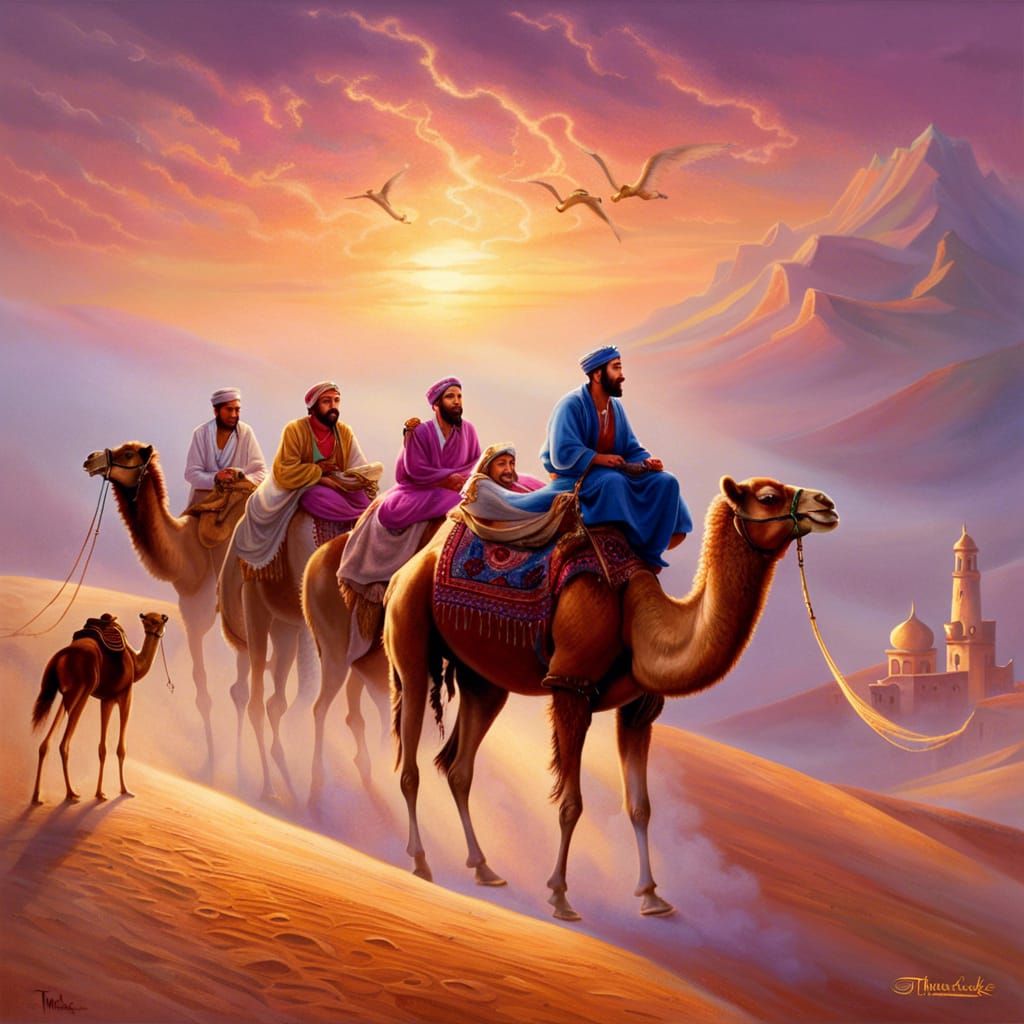 Sahara desert, camels, magic carpet flying over camels, Jinn...