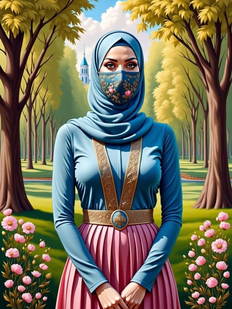 Woman in Hijab and Mask in Lush Forest, Oil Painting