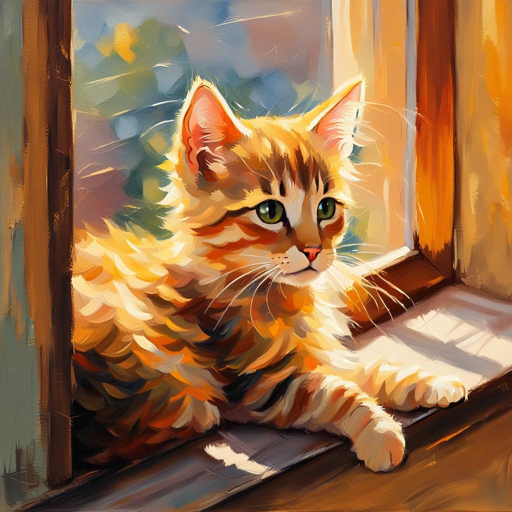 Curious Kitten on Windowsill in Impressionist Oil Painting