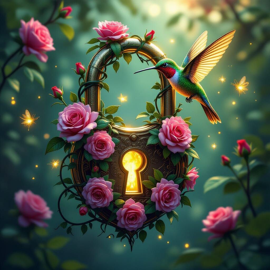 Rose Lock with Hummingbird Key in Surreal Style