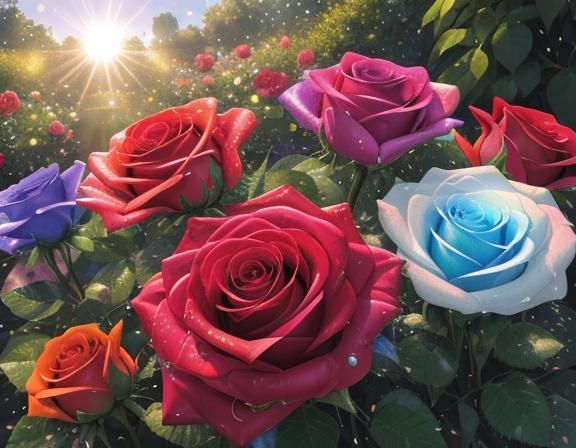 Roses in a realistic garden, hit by sunlight, after rain, rainbow , first layer detailed Water drops,
Second layer sunli...