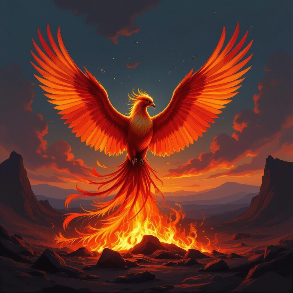 Majestic Phoenix Rises from Embers in Dramatic Oil Painting ...