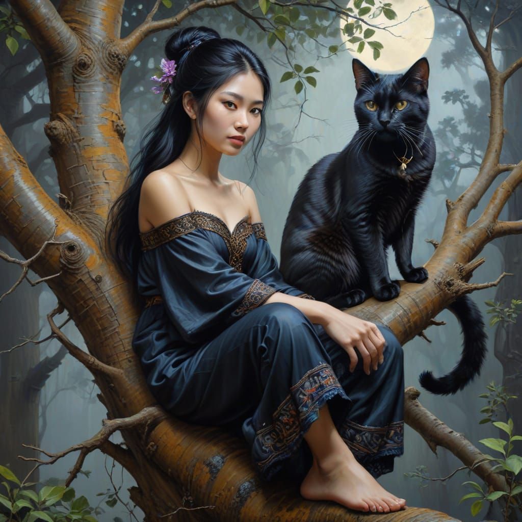 Gothic Fantasy Oil Painting of Woman and Cat