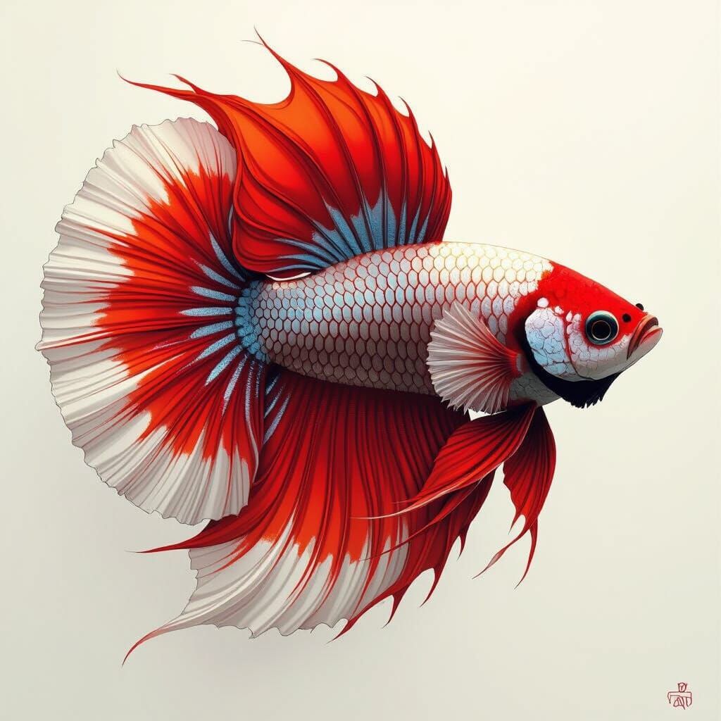 Vibrant Red and White Betta Fish in Digital Art