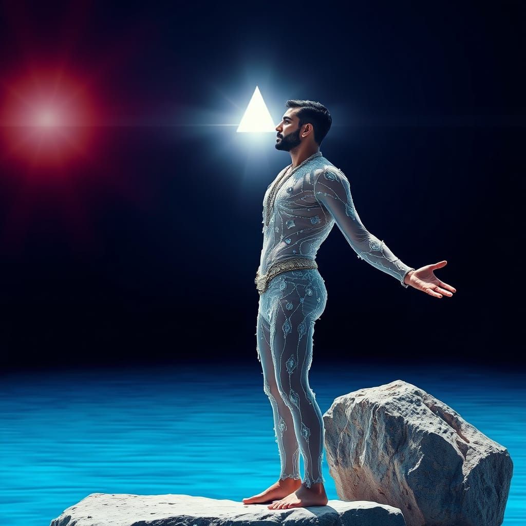 Indian Man with Prism in Blue Lake, Photorealistic Art