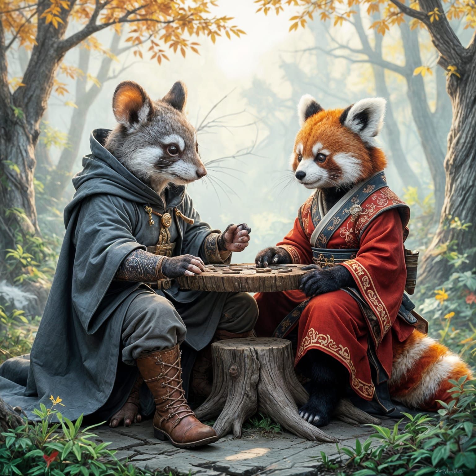 Mouse and Panda Play Go in Ethereal Mist