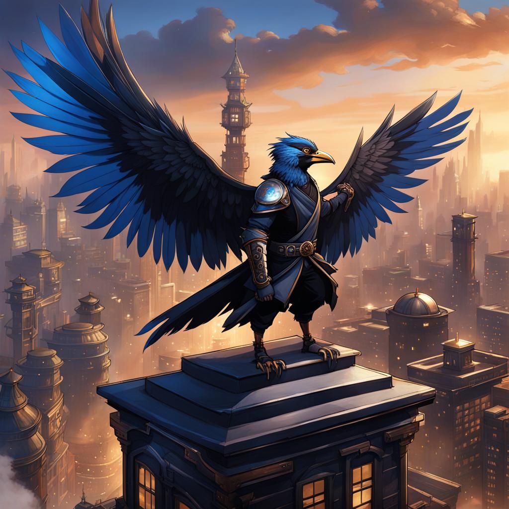 Aarakocra Ninja Perched on Steampunk Rooftop