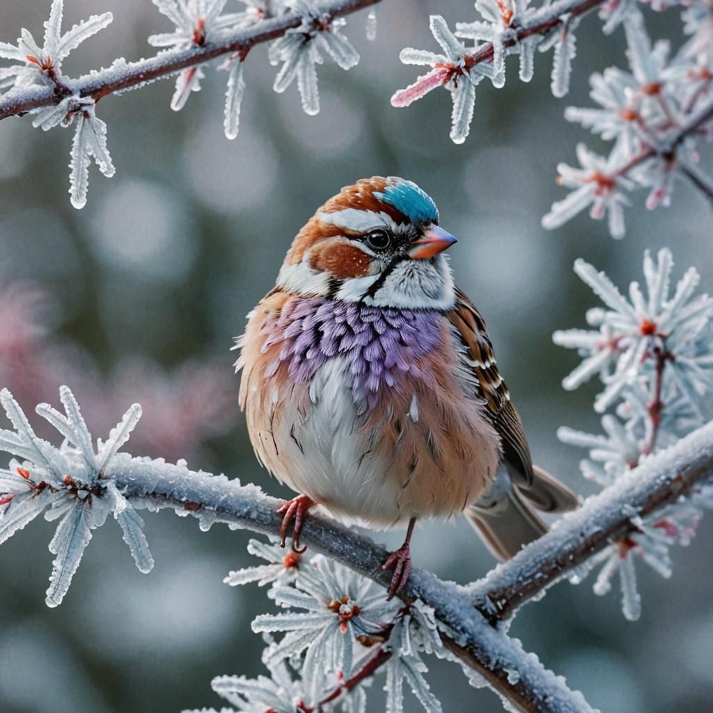 Pastel Sparrow on Frosted Branch with Crystalline Feathers