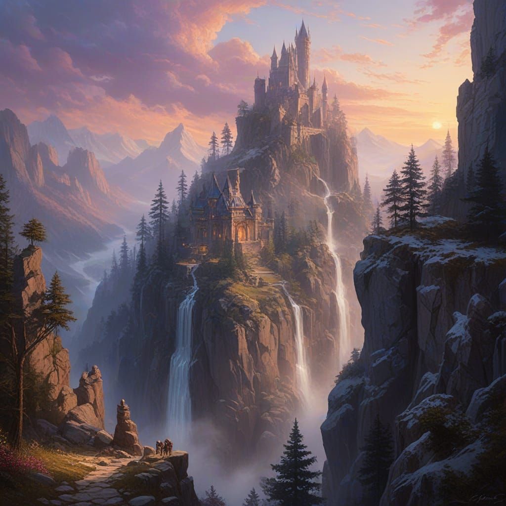 Fantasy Castle Perched on Mountain Ridge in Early Morning