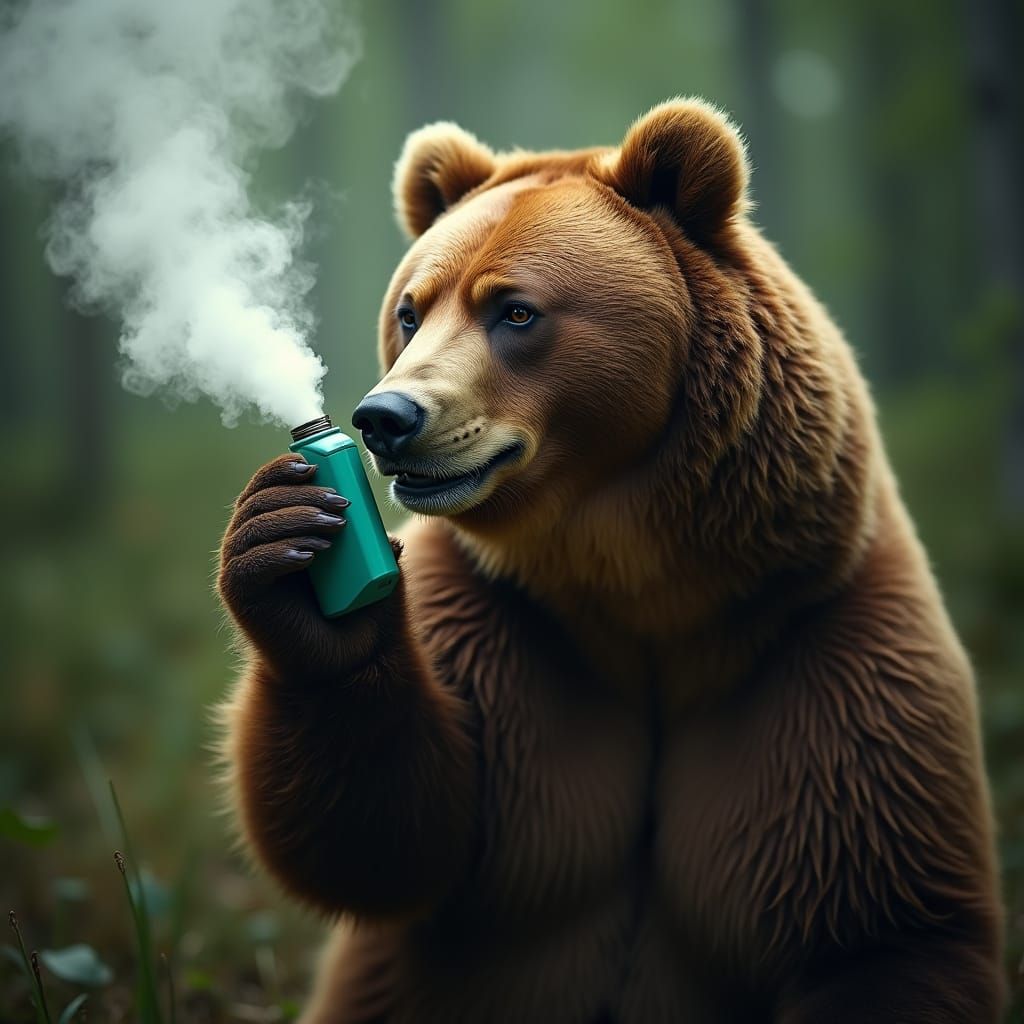 Surprised Bear Inhaling Medicine Amidst Toxic Air